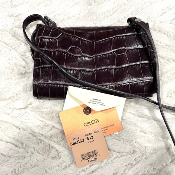 Monsac Deep Purple Croc Embossed Leather Small Crossbody Wallet Bag NWT - Picture 8 of 8